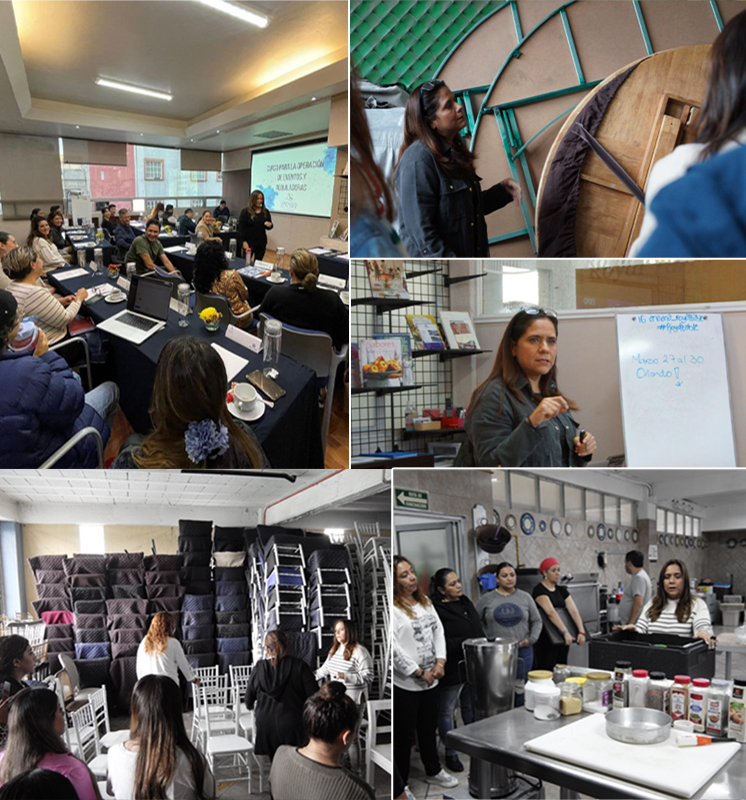 Curso para la operación de eventos y alquiladoras en las instalaciones de Royal Table. Varias imágenes muestran a los participantes en diferentes actividades del curso, incluyendo sesiones de capacitación, prácticas en la cocina y manejo de inventario. Ariadna Sánchez, cofundadora de Royal Table, es vista instruyendo y guiando a los asistentes.