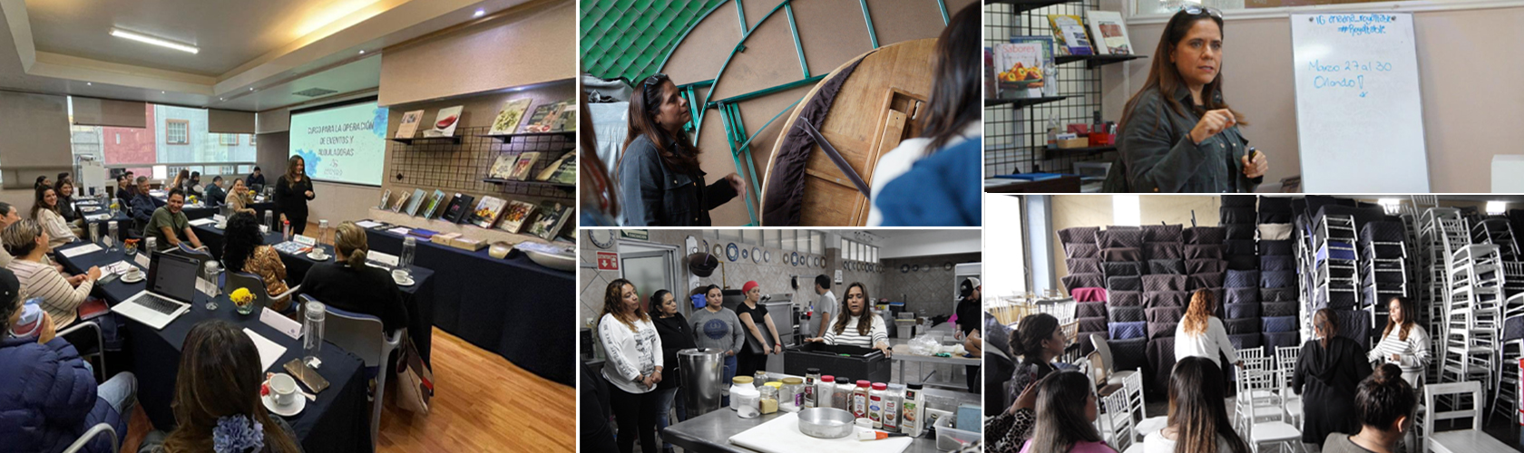 Curso para la operación de eventos y alquiladoras en las instalaciones de Royal Table. Varias imágenes muestran a los participantes en diferentes actividades del curso, incluyendo sesiones de capacitación, prácticas en la cocina y manejo de inventario. Ariadna Sánchez, cofundadora de Royal Table, es vista instruyendo y guiando a los asistentes.
